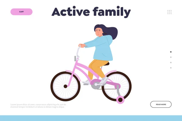 stock vector Active family concept for landing page design template with happy little girl cartoon character exercising outdoor, riding bike, travelling by bicycle enjoying healthy lifestyle vector illustration