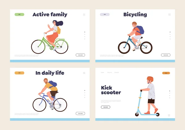 Σύνολο Του Προτύπου Landing Page Χαρούμενους Οικογενειακούς Χαρακτήρες Απολαμβάνουν Ποδήλατο — Διανυσματικό Αρχείο