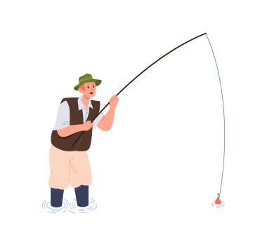 Dizlerine kadar suya batmış balık tutan mutlu bir balıkçı oltaya bakarak izole edilmiş vektör çizimini bekliyor. Yaz sporu balıkçılığı, mevsimsel eğlence etkinliği, hobi ve turizm konsepti