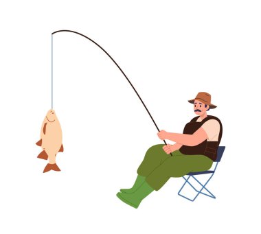 Adult fisherman cartoon character holding caught fresh fish on rod while sitting on chair isolated on white background. Male person enjoying fishing seasonal hobby leisure activity on weekend clipart