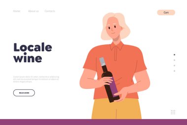 Yerel şarap sunumu iniş sayfası tasarımı web sitesi şablonu. Çizgi film kadın müşteri karakteri mağaza vektör ilüstrasyonunda yüksek kalitede organik alkollü içecek seçip alıyor.