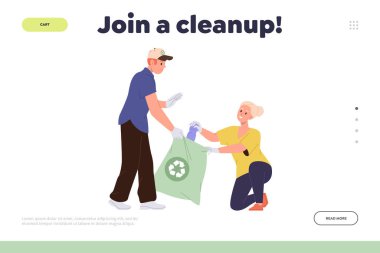 İniş sayfasında geri dönüşüm vektörü çizimi için plastik atık toplayan mutlu gönüllülerle birlikte temizlik davetiyesine katılın. Ekosistem ortamı ve doğa koruma teşviki için bakım