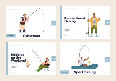 Çevrimiçi servis için iniş sayfası tasarım şablonu en iyi yaz hobi aktivitesi balıkçılık macerası sağlıyor. Mutlu balıkçıların doğada tatilin tadını çıkarmasının vektör illüstrasyonu