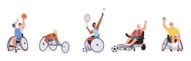 Tekerlekli sandalyedeki spor seti mutlu aktif insanlarla dolu basketbol, tenis, futbol, voleybol oynayan ve beyazlar üzerinde izole edilmiş hız yarışı çizimi yapan erkek ve kadın karakterlerle dolu.