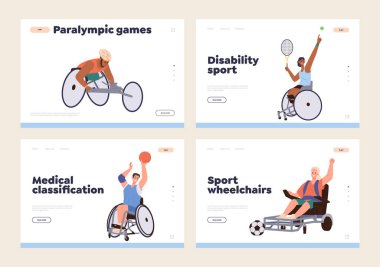 İniş sayfasındaki şablon, özel ihtiyaçları olan insanlar için aktif yaşam tarzı ve spor. Tekerlekli sandalyede oturmuş spor oyunları oynayan yaralı bir kadın ve erkek.