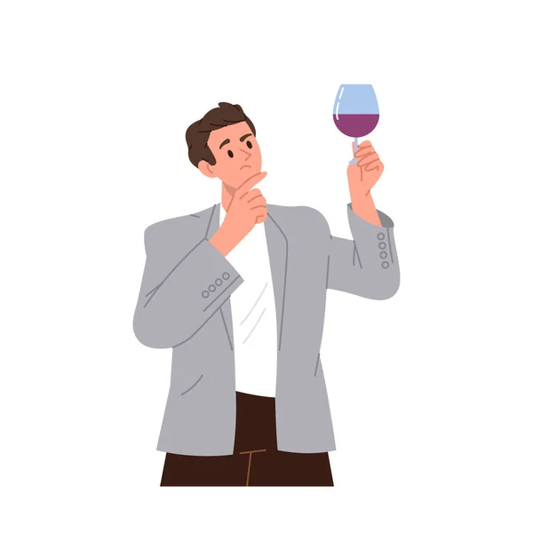 男子体格健壮的卡通人物手持酒杯品酒 品评清香 风味和品质 背景洁白 提供变形虫图解的餐厅男性专家 — 图库矢量图片