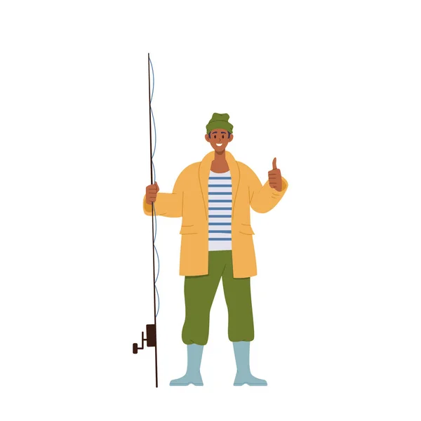 Feliz Joven Pescador Positivo Personaje Dibujos Animados Overoles Con Varilla — Vector de stock