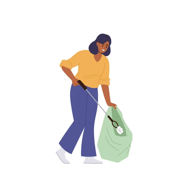若い女性漫画のキャラクターボランティアは 白い背景に隔離された袋のベクトルイラストに紙ゴミを選ぶゴミから自然を掃除します 生態環境と地球保護の概念 — ストックベクタ