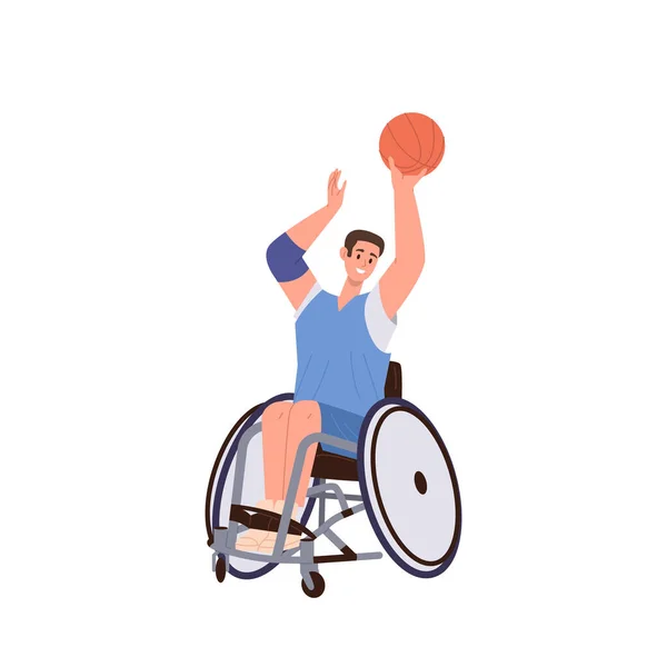 Młody Sportowiec Niepełnosprawnością Siedzi Wózku Inwalidzkim Grając Koszykówkę Biorąc Udział — Wektor stockowy
