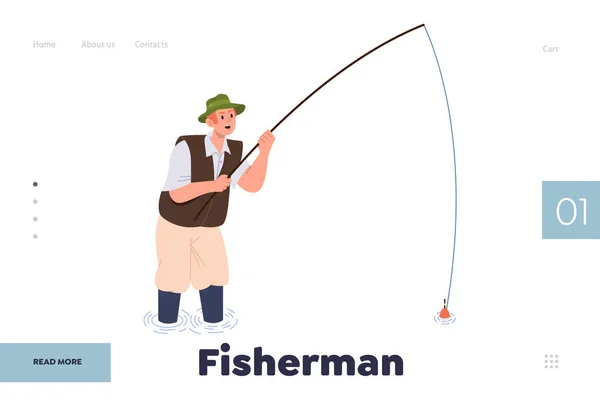 Pescador Modelo Design Landing Page Com Jovem Feliz Personagem Cartoon — Vetor de Stock