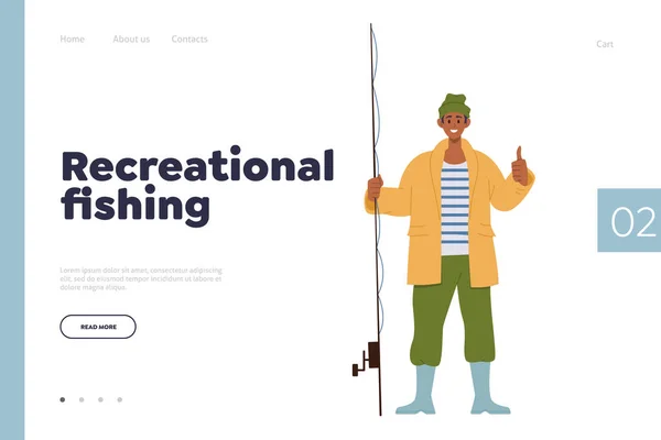 Recreational fishing landing page design template with happy fisherman, character standing with rod gesturing thumbsup giving positive feedback recommending fisher club for recreation on weekend