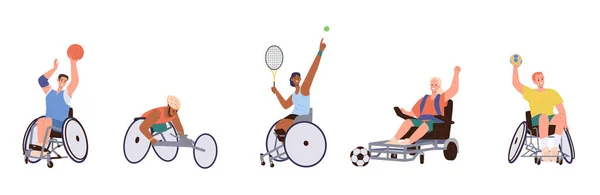 Спорт Инвалидных Колясках Счастливыми Активными Людьми Мужские Женские Персонажи Играющие — стоковый вектор