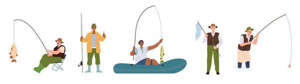 Conjunto Pescador Usando Acessório Pesca Equipamentos Para Pescar Personagens Desenhos — Vetor de Stock