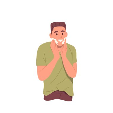 Krem temizleyicisi, tıraş losyonu ya da nemlendirici köpük vektör çizimi kullanan genç bir adamın portresi beyaz arka planda izole edilmiş. Cilt bakımını seven tatmin olmuş bir erkek.