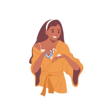 Genç kadın çizgi film karakteri, şişeden doğal organik kozmetik krem sıkarak nemlendirici ve besleyici cilt ve beyaz arka planda izole edilmiş vektör çizimi için sprey kullanıyor.