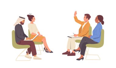 Çeşitli etnik çeşitlilikte insan karakterleri sandalyelerde oturan ve uluslararası basın toplantısında yer alan gazeteciler iş koçluğu veya bilim toplantısı, vektör illüstrasyonları