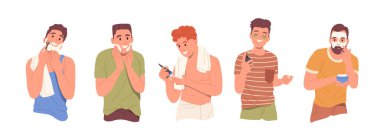 Bir grup mutlu genç erkek karakter hijyen cilt bakımı uyguluyor, gıdaları temizliyor ve nemlendirici tıraş losyonu ve kozmetik ürünleri vektör çizimi yapıyor. Erkek kozmetolojisi ve dermatoloji kavramı