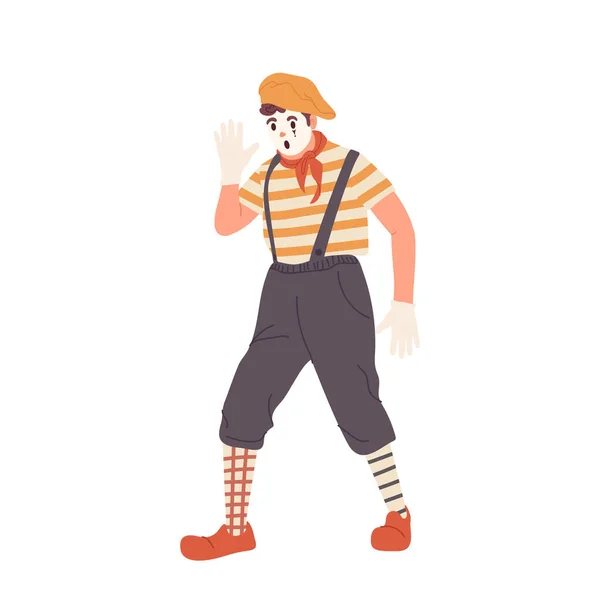 Безмолвный Актёр Мим Изображающий Шокированную Пантомиму Удивлённых Эмоций Симпатичный Клоун — стоковый вектор