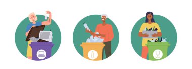 Çizgi film karakterleriyle yuvarlak çerçeve ikonu yapısı geri dönüşüm ve kirlilik azaltma için farklı atıkları sıralayan gönüllü karakterler. Ekoloji koruma ve çevre koruma fikri