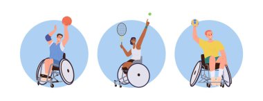 Tekerlekli sandalyede oturan çizgi film karakterlerinin farklı spor oyunları oynadığı yuvarlak kompozisyon. Özel ihtiyaçları olan erkek kadın sportif kişi aktif yaşam tarzı vektör illüstrasyonunun keyfini çıkarıyor