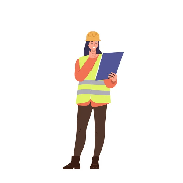 女性建設現場のエンジニア漫画ヘルメットの女性労働者のキャラクターと請負業者のチェックプロジェクトとの契約を見て制服 白い上に隔離されたベクトルイラスト — ストックベクタ
