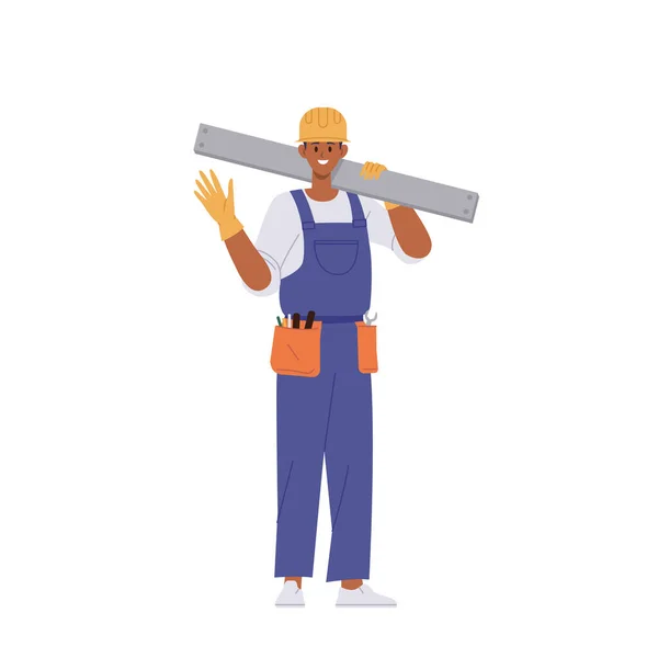 ツールとレベルのバブルとベルトを運ぶ笑顔ビルダー労働者の漫画の男性キャラクターの肖像 人々建設現場の専門家建築従業員のベクトル図白に隔離された — ストックベクタ