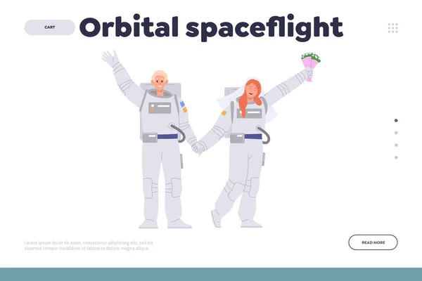 Orbital Spaceflight Concept Landing Page Happy Spaceman Spacewoman Cartoon Character — Stock Vector