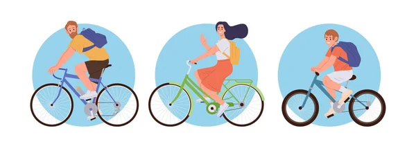 Felice Famiglia Attiva Sella Alle Biciclette Set Composizione Dei Cartoni — Vettoriale Stock