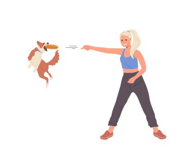 Genç kadın çizgi film sahibi köpek eğitmeni frizbi tabağı öğrenme ile oynarken beyaz arka planda izole edilmiş komut vektör illüstrasyonunu getir. Kız ve aşırı neşeli evcil hayvan