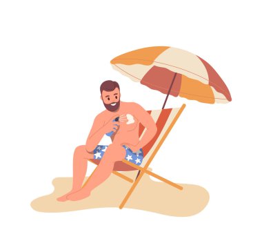 Genç bir turist, tatil yeri illüstrasyonunda dinlenirken cilt için güneş kremi sürüyor. Erkek karakter şemsiye altında güverte sandalyesinde oturuyor. Vücudu güneş ışınlarından koruyor.