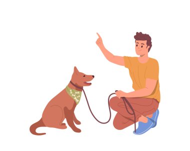 Mutlu genç adam çizgi film evcil hayvan sahibi karakteri açık hava vektör ilüstrasyonunda sevgili köpeğe yeni emirler veriyor. Erkek eğitmen tasmalı köpek yavrusunun önünde diz çöküp beyaz arka planda soyutlanıyor.
