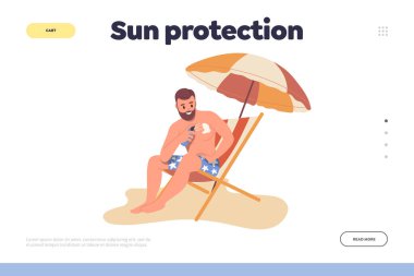 Yaz tatili için UV spf güneş kremi kozmetiği sunan iniş sayfası için güneş koruma kavramı. Adam şemsiye altında güverte sandalyesinde dinleniyor vücut vektörü çizimi için güneş kremi sürüyor.