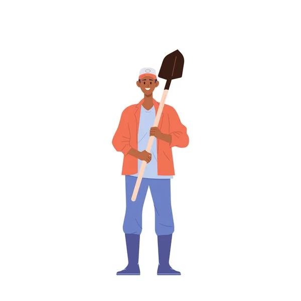 Male Farm Worker Gardener Cartoon Character Standing Holding Shovel Ready — Stock Vector
