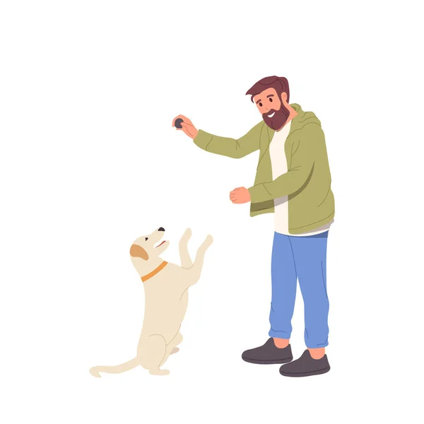 Счастливый Человек Мультфильм Владельца Питомца Персонаж Играющий Собакой Мячом Проводит — стоковый вектор