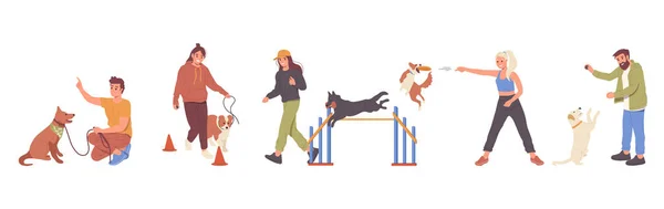 Uppsättning Glada Människor Sällskapsdjur Ägare Tecken Undervisning Lek Och Promenader — Stock vektor