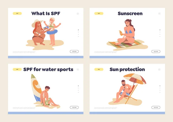 一套专门用于夏季假期防晒的登陆页面设计模板 平面卡通人物运用防晒乳液及防晒乳液护理身体 — 图库矢量图片