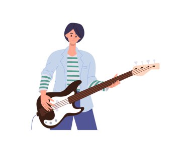 Yetenekli genç kadın gitarist çizgi film karakteri beyaz arka planda izole edilmiş elektro bas gitar enstrüman taşıyıcısı. Yaratıcı, rahat bayan müzik çalar performanstan hoşlanıyor