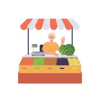 Dostça gülümseyen satıcı çizgi film karakteri taze organik tarım ürünü sunuyor, beyaz arka planda izole edilmiş sokak piyasa vektör illüstrasyonunda ekolojik gıda. Mevsimlik satış mağazası