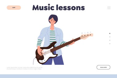 Gitar dersi sunan internet servisi için müzik dersi iniş sayfası tasarımı. Eğitim kursu web pankartı, sicim enstrümanı illüstrasyonu oynayan genç müzisyen karakteriyle birlikte.