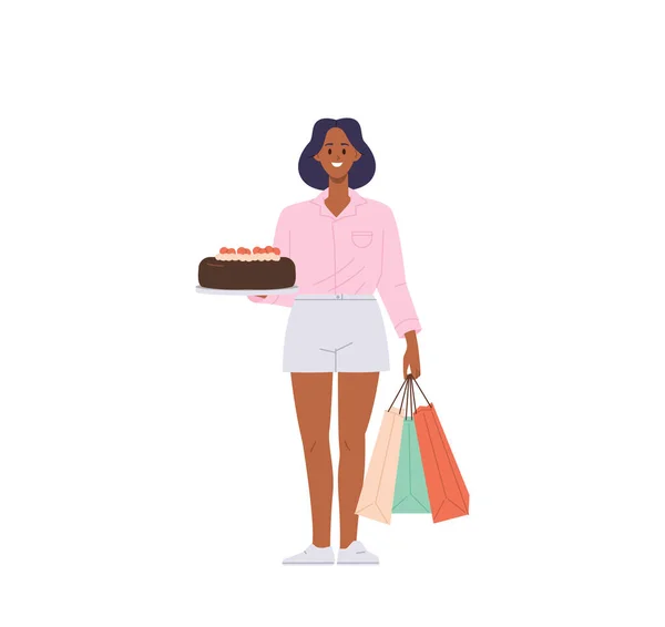 Happy Woman Customer Cartoon Female Buyer Character Standing Shopping Bags — Stock Vector