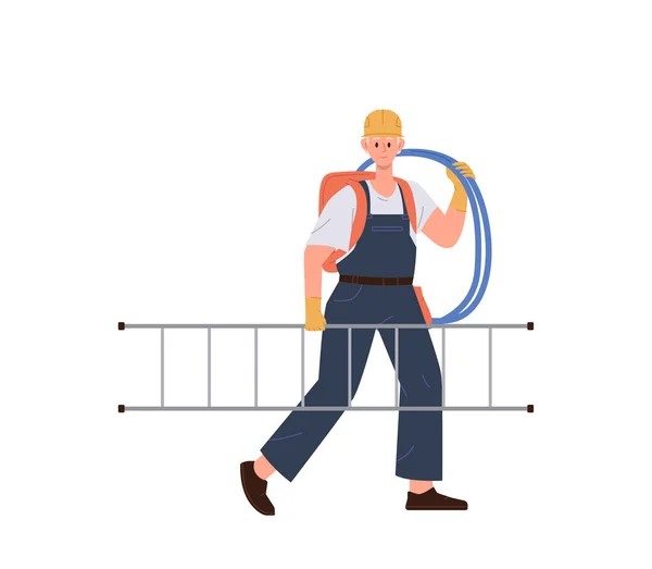 Man Electrician Specialist Cartoon Character Overalls Hardhat Helmet Carrying Wire — Stock Vector