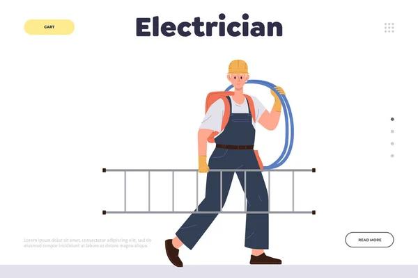 Electrician Online Service Landing Page Design Template Repairman Cartoon Character — Stock Vector