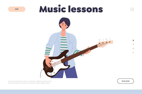 Music lesson landing page design for online service offering guitar class. Education course web banner template with young teenager musician character playing string instrument vector illustration
