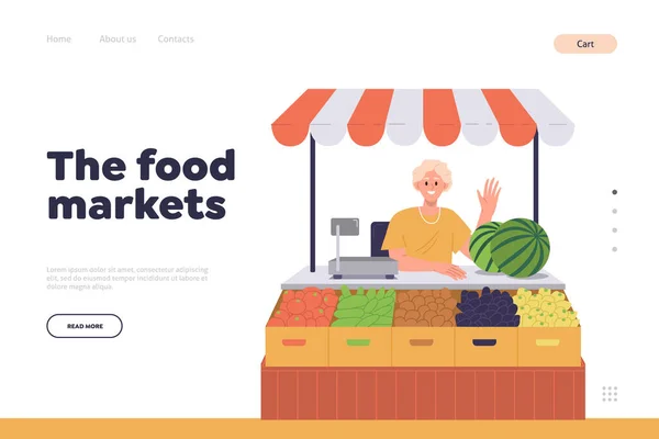 Šablona Návrhu Přistávací Stránky Potravinářského Trhu Happy Prodejce Karikatura Postava — Stockový vektor