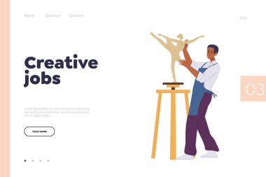 Yaratıcı işler İniş sayfası tasarım şablonu. Çizgi film sanatsal heykeltraşı ya da seramik adam karakteri, atölyede ya da resim sınıfında çalışan güzel bir balerin figürü. Sanat ve hobi web sitesi