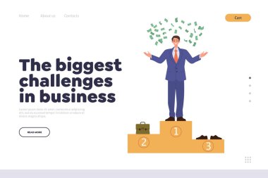 İniş sayfası tasarım şablonundaki en büyük zorluklar. Çizgi film kahramanı mutlu iş adamı para altında ödül kaidesi üzerinde duruyor. Para yağmuru finansal başarıyı ve yatırım kârını kutluyor.