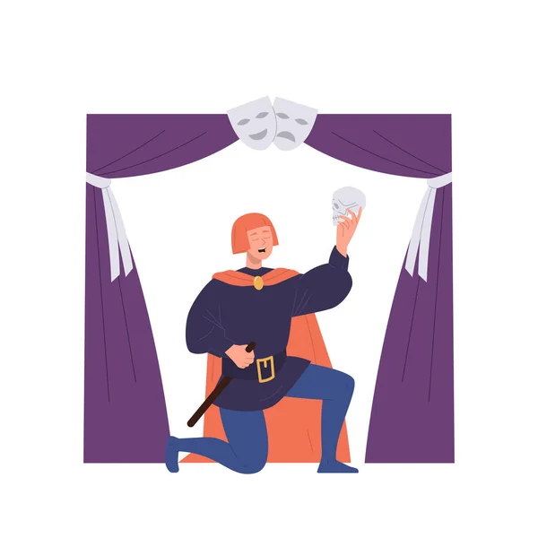 Homme Acteur Personnage Costume Jouant Rôle Tenant Crâne Dans Main — Image vectorielle