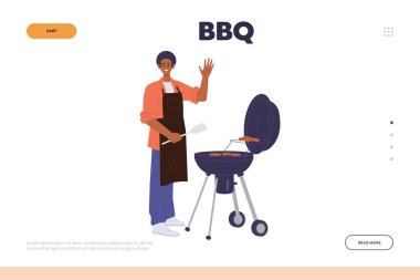 BBQ iniş sayfası tasarım şablonu. Çizgi film mutlu gülen adam karakteri açık hava piknik çizimi için ızgara et pişiriyor. Mangal hazırlığı için sağlıklı tarif sunan web sitesi düzeni