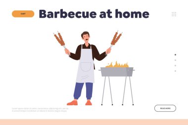 Ev İniş Sayfası Tasarım Şablonu 'nda barbekü. Çizgi filmdeki mutlu adam karakteri şişte ev yapımı kebap pişiriyor arka bahçedeki vektör illüstrasyonunda pikniğin tadını çıkarıyor. bbq yemek tarifi sunan web sitesi