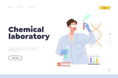 Kimyasal laboratuvar iniş sayfası tasarımı şablonu. Çizgi filmdeki genç erkek mühendis karakter biyokimyasal laboratuvar vektör illüstrasyonunda keşif yapıyor. DNA çalışması, yeni uyuşturucu icadı